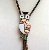 Native American Owl Cowrie Shell Mother Of Pearl Sterling Silver Leather... - $225.00