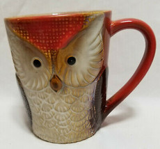  Owl Bird Glazed Art Pottery Coffee Tea Cocoa Cup Mug Red White 4.5&quot; - £19.61 GBP