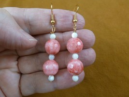 ee490-8 Pink Rhodochrosite + mother of Pearl gemstone gold tone dangle earrings - £15.93 GBP