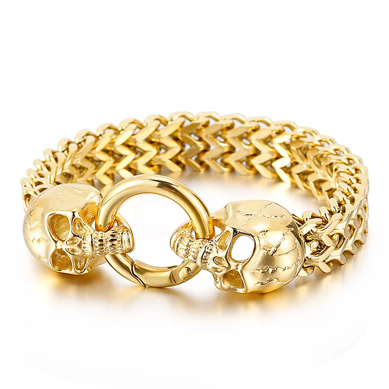 Gold Cool Skull Head Men Charm Bracelet Hip Hop Armband Stainless Steel Punk Wri - £29.61 GBP