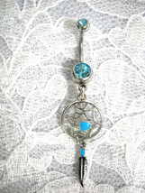 Spirit Web Dream Catcher W Dangling Feather 14g Turquoise Cz Belly Ring Barbell - £4.77 GBP