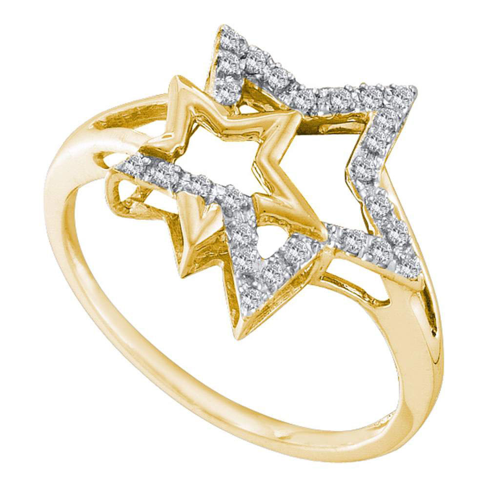 10k Yellow Gold Womens Round Diamond Double Star Outline Ring 1/10 Cttw