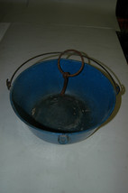 Vintage Blue Speckled Enamelware Pot With Primitive Iron Hanger 10.5 Inch - £22.70 GBP