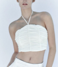 Zara White Draped Ruched Crop Top Tank Halter Tie Size Large 4770/525 NEW - $16.82