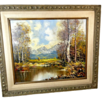 Oil On Canvas By German Artist J Fuhrmann Mountain Scene with Trees and Pond - £90.45 GBP