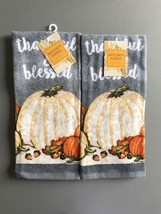 Thankful Blessed Dish Towels Set of 2 Thanksgiving Pumpkin Fall Harvest ... - $24.38
