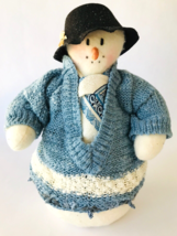 Plush Snowman Wearing Hand Knit Blue Sweater Weighted 13&quot; Holiday Christmas - £23.19 GBP