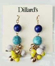Dillard&#39;s Gold Tone French Wire Earrings Blue Turquoise Stone Cluster Dangle - £10.64 GBP