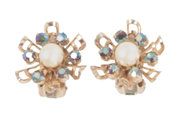 Vintage Faux Pearl and Blue AB Rhinestone Clip On Earrings Star Design - $7.69