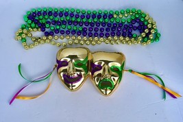 Mardi Gras Centerpiece Mask Design Purple Green Gold With Beads - £28.18 GBP