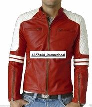 Pure Lambskin Leather Halloween Stylish Motorcycle White Strip Red Jacket Men - £84.43 GBP