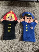 Vtg Lot 2 Russ Berrie Child Sz Hand Puppets Knitted Crocheted Police Fire figure - $22.72