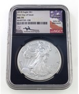 2018 S$1 Silver American Eagle Graded by NGC as MS-70 Mercanti FDOI - £136.88 GBP