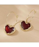 Red Heart Hoop Dangle Earrings Gold Huggie NWOT - £9.29 GBP