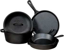 Lodge Seasoned Cast Iron 5 Piece Bundle. 10.5&quot; Griddle, 8&quot; Skillet,, Black - $129.97