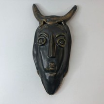 Black Distressed Clay Devil Diablo with Horns Hanging Mask Plaque Dark W... - $53.63