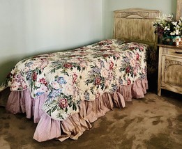 Quilted Floral Bedspread with Candy Stripe Dust Ruffle &amp; Valance Queen Size - $95.79