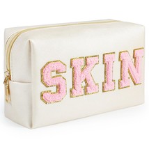  Makeup Bag Synthetic Leather Patch Cosmetic Bag with SKIN Chenille Letter - £19.81 GBP