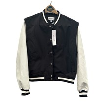 Vigoss Womens Black White Faux Leather Sleeves Varsity Bomber Jacket Med... - $149.99