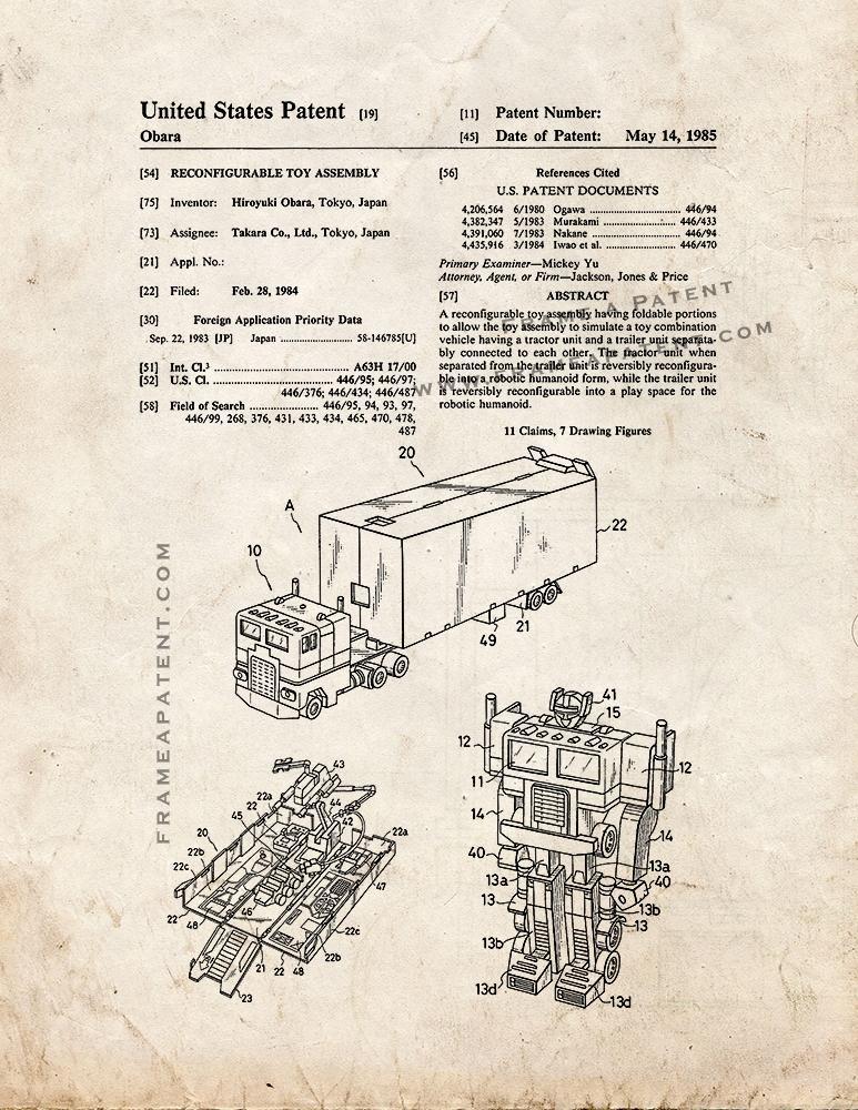Transformers Optimus Prime Patent Print - Old Look