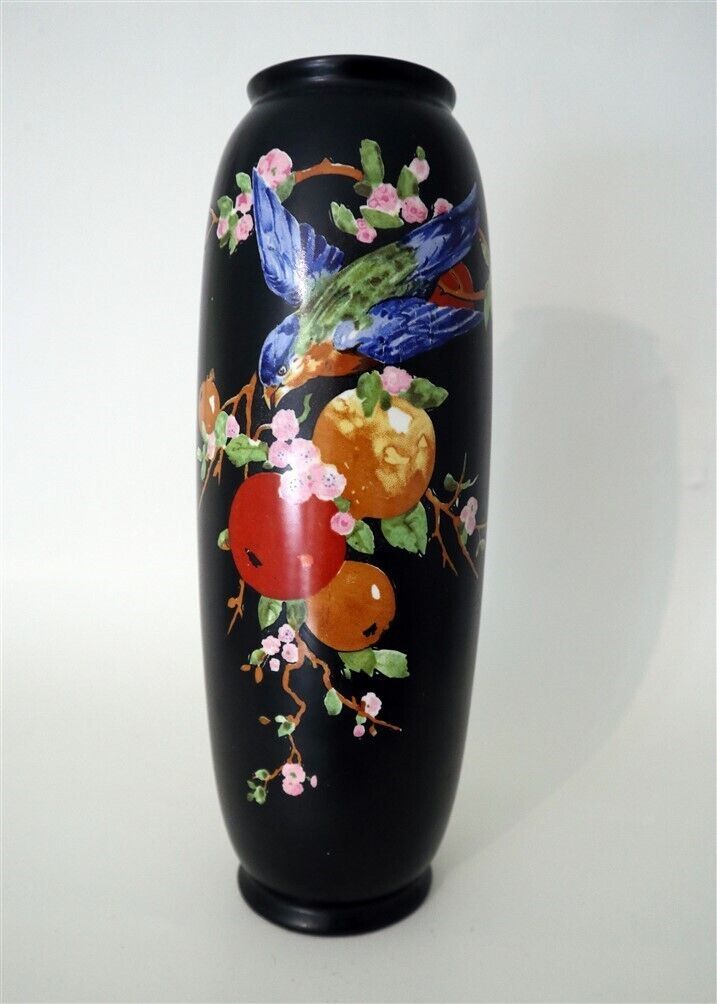 CROWN DUCAL Art Deco 9.5&quot; Black Vase Finch &amp; Fruit Decoration  - $90.25