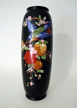 CROWN DUCAL Art Deco 9.5&quot; Black Vase Finch &amp; Fruit Decoration  - $1,718.04 MXN
