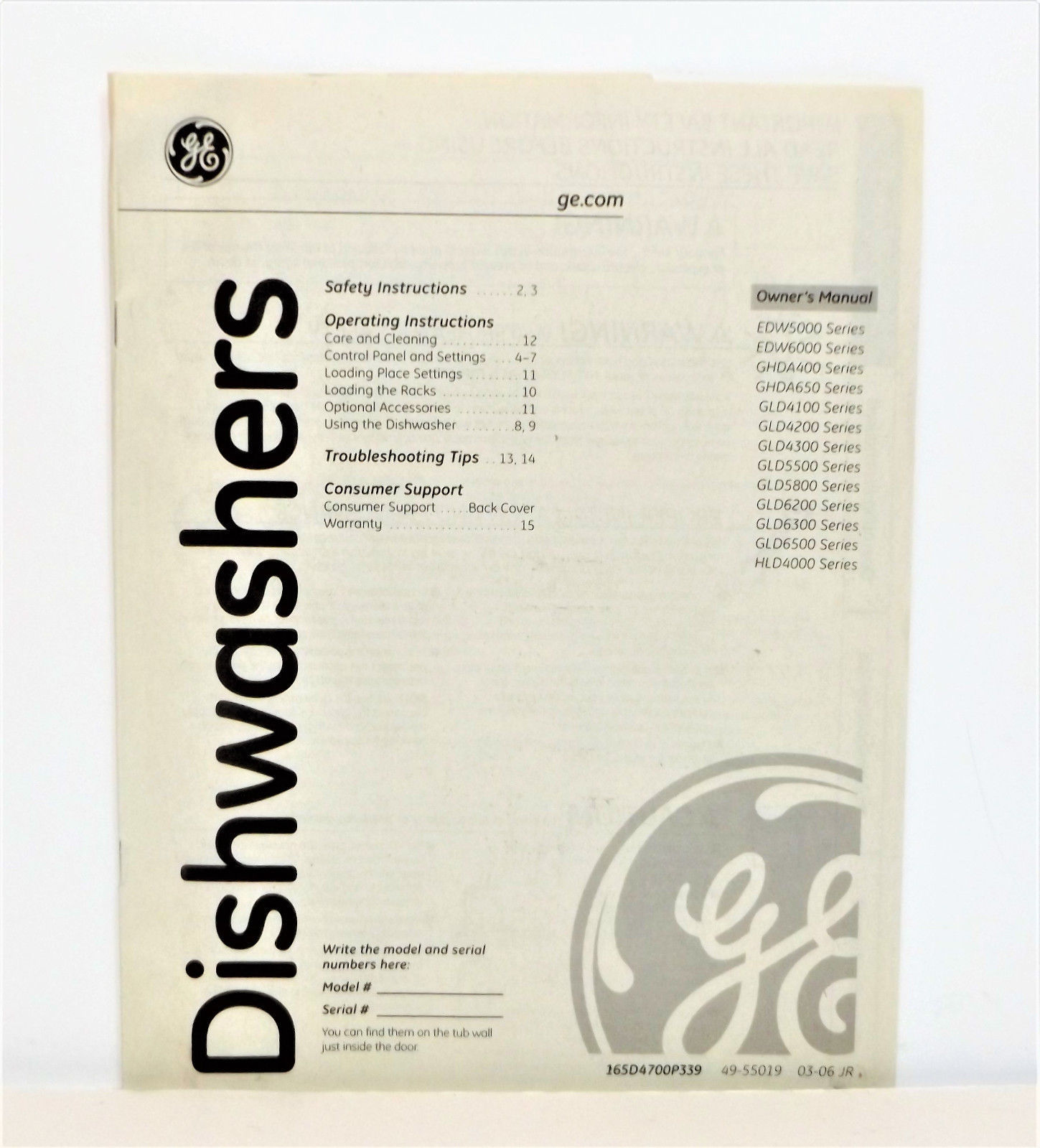 2006 GE Built-In Dishwasher Use & Care Guide & Installation (49-55019) {4788} - $9.89