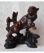 Vintage Mountain Lion Carved Wood Sculpture W/Teeth &amp; Glass Eyes 7-3/4&quot; H. - $50.00