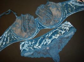 Victoria&#39;s Secret unlined 36DDD/34G BRA SET XS thong BLUE VELOUR velvet - $79.19