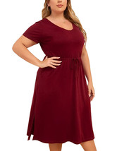 Women&#39;s Plus Size Casual V Neck Short Sleeve A-line Slit Midi Burgundy Dress 2XL - £19.78 GBP