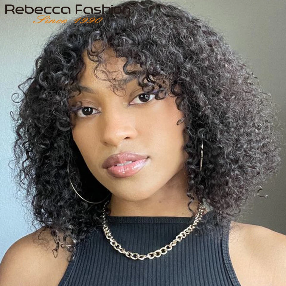 Rebecca Short Curly Human Hair Bangs Wigs For Women Remy Ombre Brown Loose De - £25.38 GBP+