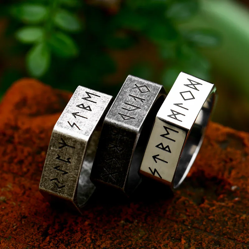 Classic, Stainless Steel, Hexagon, Nordic/Norse/Viking Runes Theme Ring - £18.42 GBP