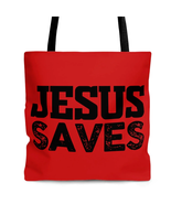 AOP Tote Bag &quot;Jesus Saves&quot; black font red bag - $24.70+