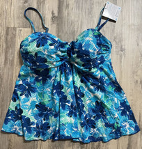 A Shore Fit Tankini Swim Top Aqua Blue Floral Tummy Separates Size 10 - £11.54 GBP