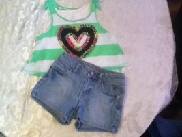 Girls-Lot of 2-set-Size 8-Justice shorts-denim-Size 8S-green&amp;white Justice top - £8.16 GBP