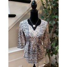 One World Gray Black Blouse SP Gray Black Embellished V Neck Stretch Boh... - $25.74