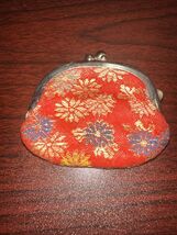 Vintage Authentic Japaneese Lucky Coin Bag Purse W/ Box Red Floral Pattern - $17.82