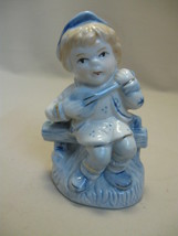 Ceramic Porcelain Figurine Blonde Girl Sitting on Fence Playing the Mandolin Blu - £7.91 GBP