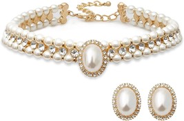 Layered Gold Pearl Necklace with Earrings - £25.47 GBP