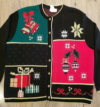 Womens Ugly Christmas Sweater Sz L Lurex Sparkle Cardigan Cricket Lane Made USA - £13.03 GBP