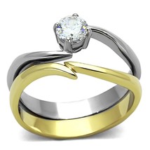 Stainless Steel Classic Round Cut AAA CZ Women Two Tone Wedding Bridal Ring Set - £34.17 GBP