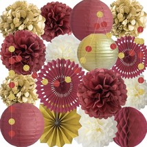 Burgundy And Gold Party Decorations Maroon Wine Dark Red Paper Fans Lanterns Tis - £25.56 GBP