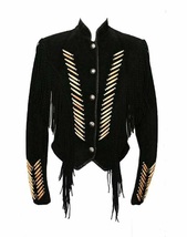 Women Western Wear Cowgirl Black Suede Leather Fringes Jacket WJ56 - $149.00