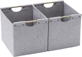 Large Foldable Storage Bins, Linen Fabric, 2 Pack, Wooden Carry, Light Grey - £32.44 GBP