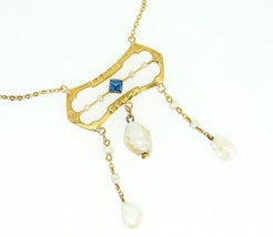 Art Nouveau 10k Yellow Gold Pearl Festoon Necklace w/Lab-Created Sapphire #J4381 - £585.85 GBP