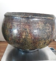 Raku Studio Pottery Bowl Bronze Green Deep Red Earth Tones Artisan Catino 4.5x5&quot; - £27.52 GBP