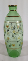 Vintage 10” GREEN VASE Hand Painted Yellow Flowers And Gold Trim Art Deco - $28.49