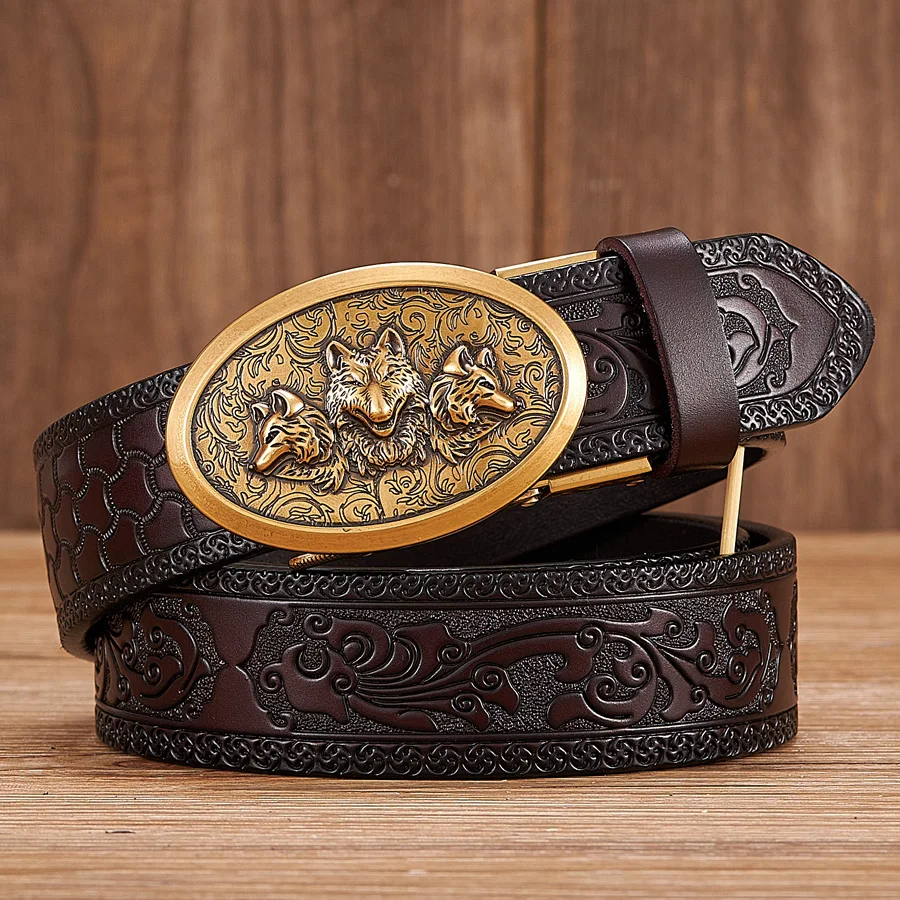 Wolf er Belt for Men Retro Automatic Buckle Arts and Crafts Belt Men Gen-130CM - $23.00