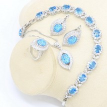 Blue Australia Opal Earrings Necklace Pendant Ring Silver Color Jewelry Set for  - $38.71