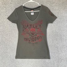 Harley Davidson Shirt Women Small V-Neck Casual Gray Graphic Tee 5S35 Bust 32&quot; - £11.66 GBP